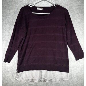 Calvin Klein Womens Size L Maroon Sweater White Trim 3/4 Sleeve Metallic Striped